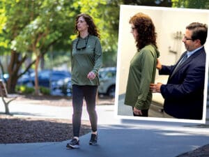 Woman walking outdoors and woman standing with doctor